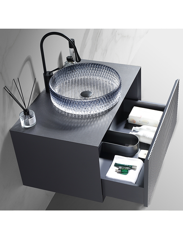 Thiết kế mới Màu xám đậm Phong cách PVC Morden Treo tường Phòng tắm Vanity Bộ tủ phòng tắm với chậu thủy tinh pha lê