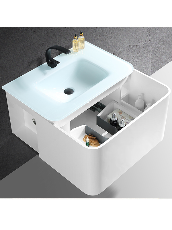 Chống thấm nước Phong cách mới Phòng tắm Vanity Bộ tủ phòng tắm với Chậu thủy tinh trong suốt pha lê màu xám trong suốt với gương Led